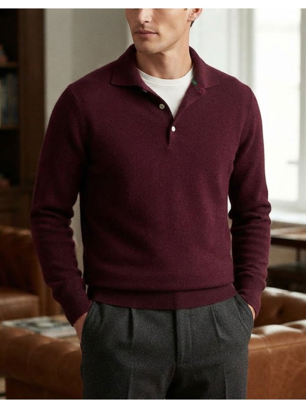Club Room Burgundy Cashmere Long Sleeve Polo Sweater